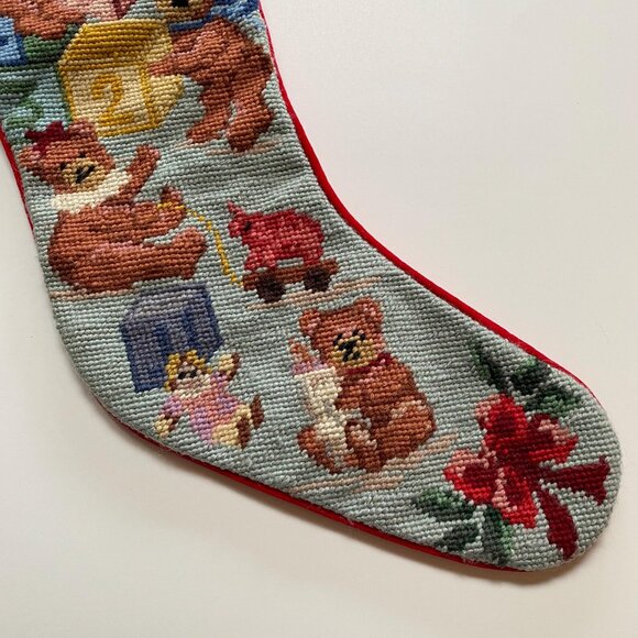 Vintage Needlepoint Christmas Stocking Bears and Toys Xmas Holiday Decor - Picture 4 of 5